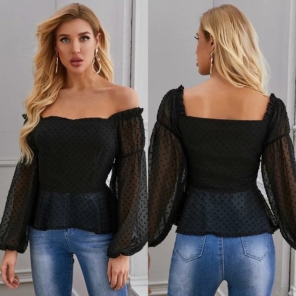 Off Shoulder Swiss Dot wide sleeve black top - Picture 3 of 4